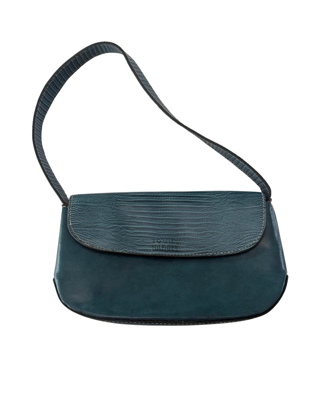 Vintage Y2K Tommy Hilfiger Faux Crocodile Teal Blue Baguette Shoulder Bag